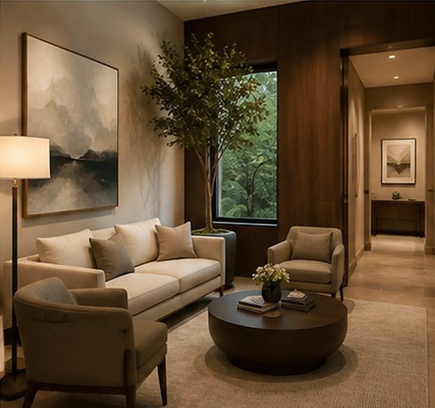 Warm refined concierge lounge interior